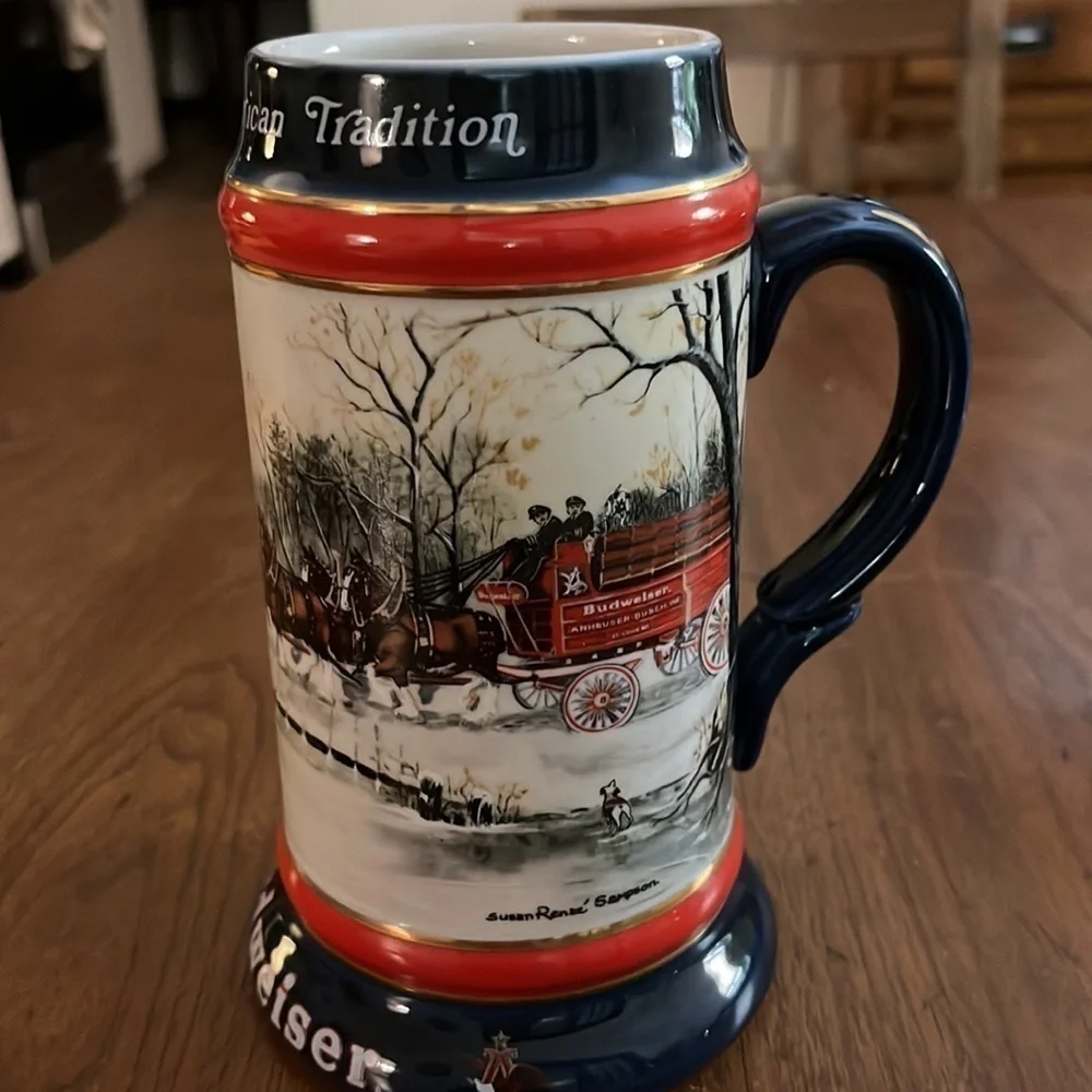 Anhueser-Busch Budweiser 1990 Christmas beer stein. The artist Susan Sampson.